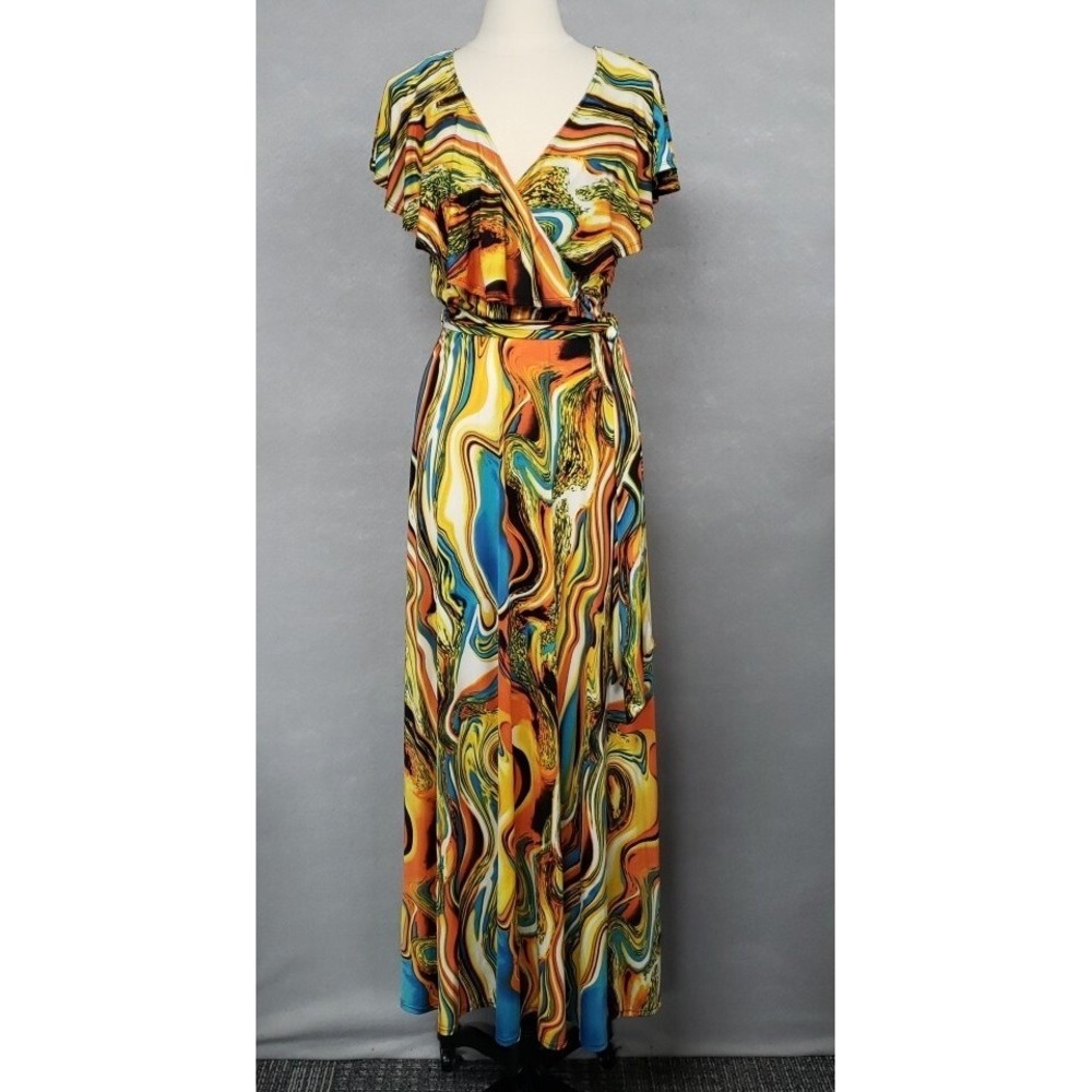 VTG JANETTE  Maxi Dress M Womens Artsy Stretch Art To Wear Orange Blue Yellow